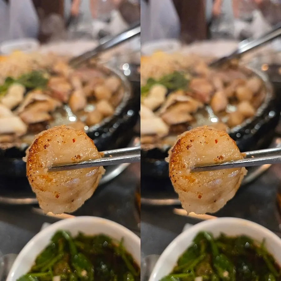 Plump beef daechang on the grill
