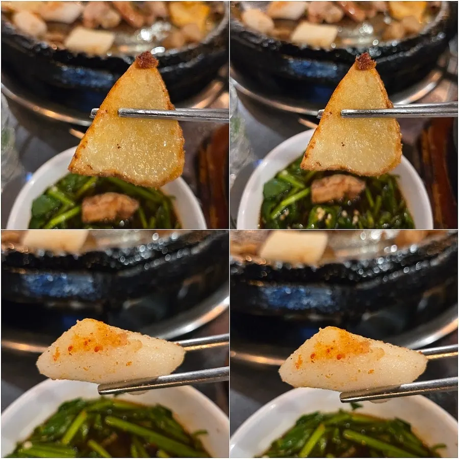 Potato, rice cake and kimchi grilled on the pan