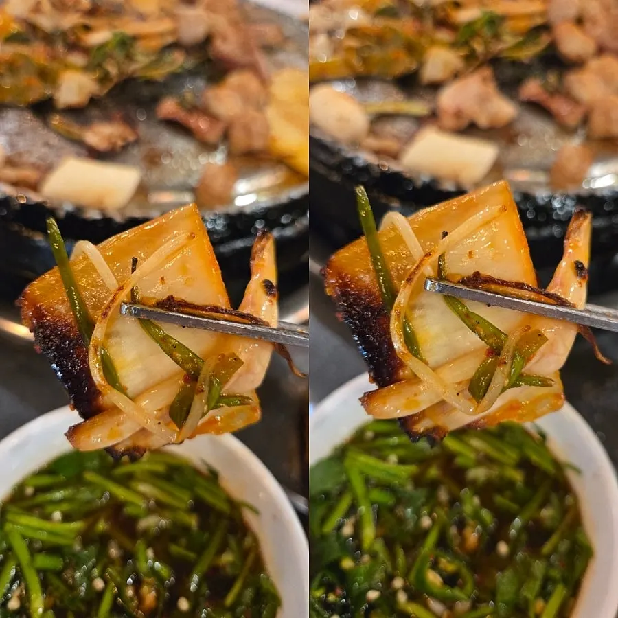 Kimchi and rice cake grilled alongside the gopchang