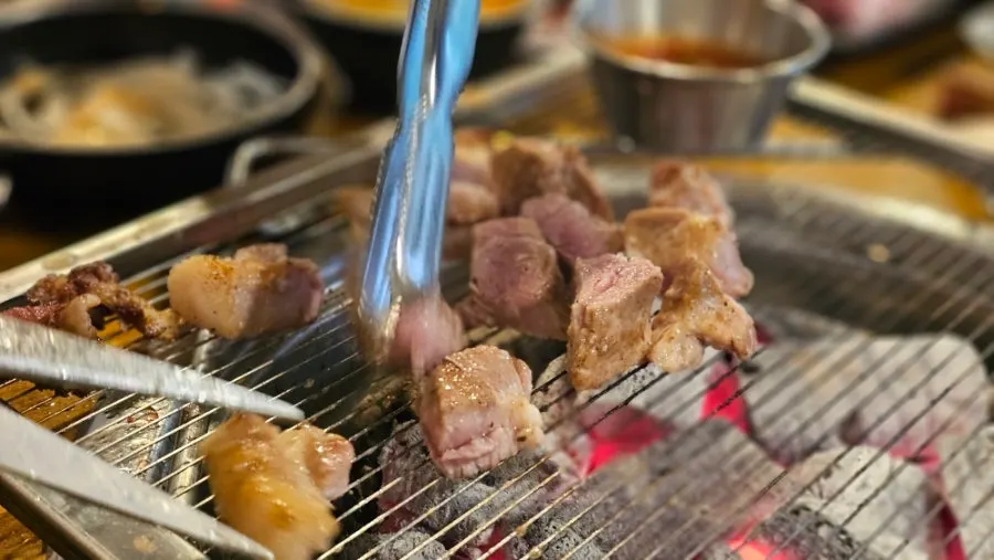 Table with meat and ice soju together