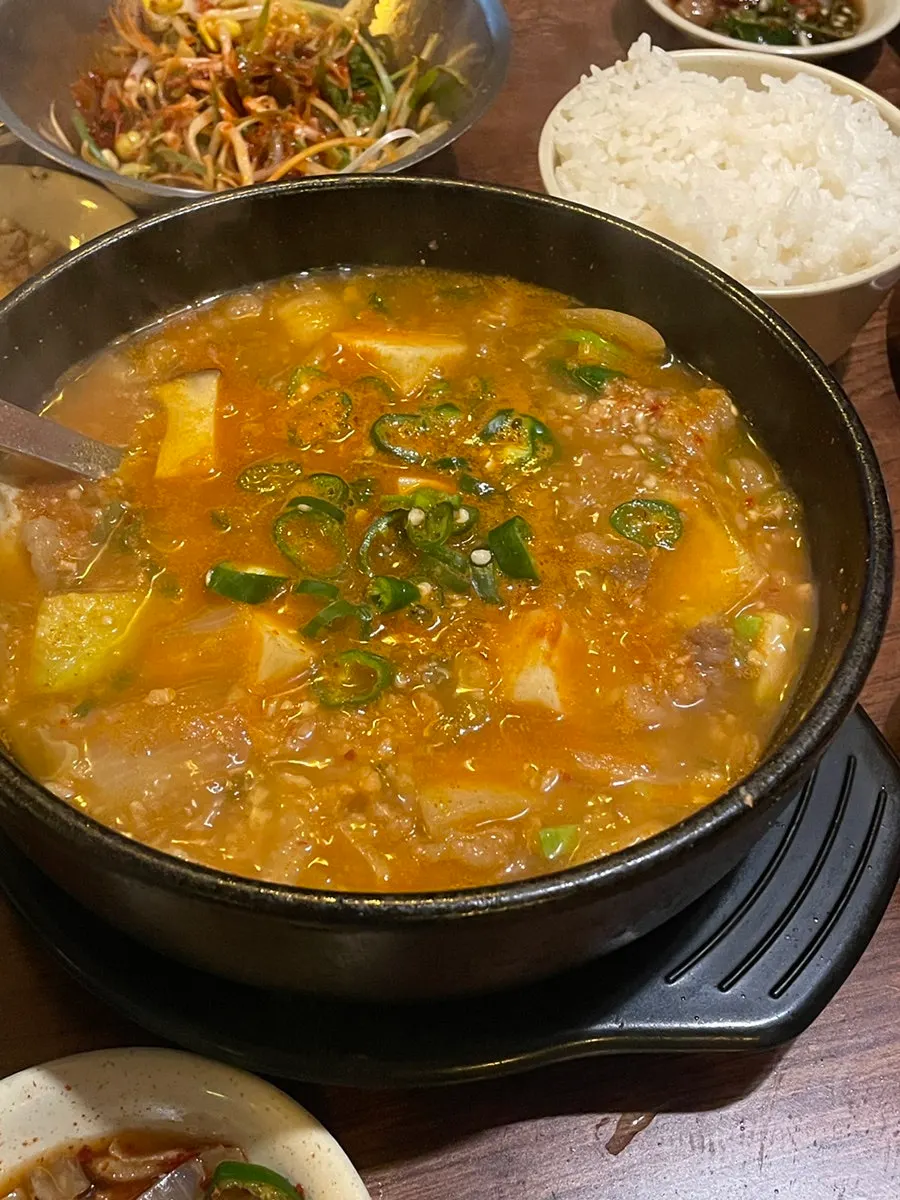 Enjoying Korean beef and aged kimchi as a trio