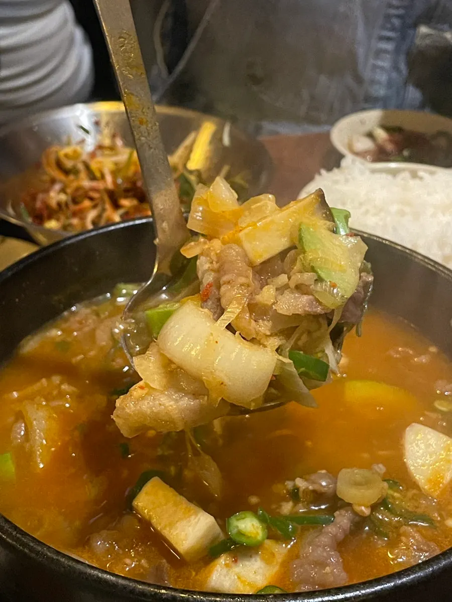 Beef brisket doenjang stew served with a bowl of rice