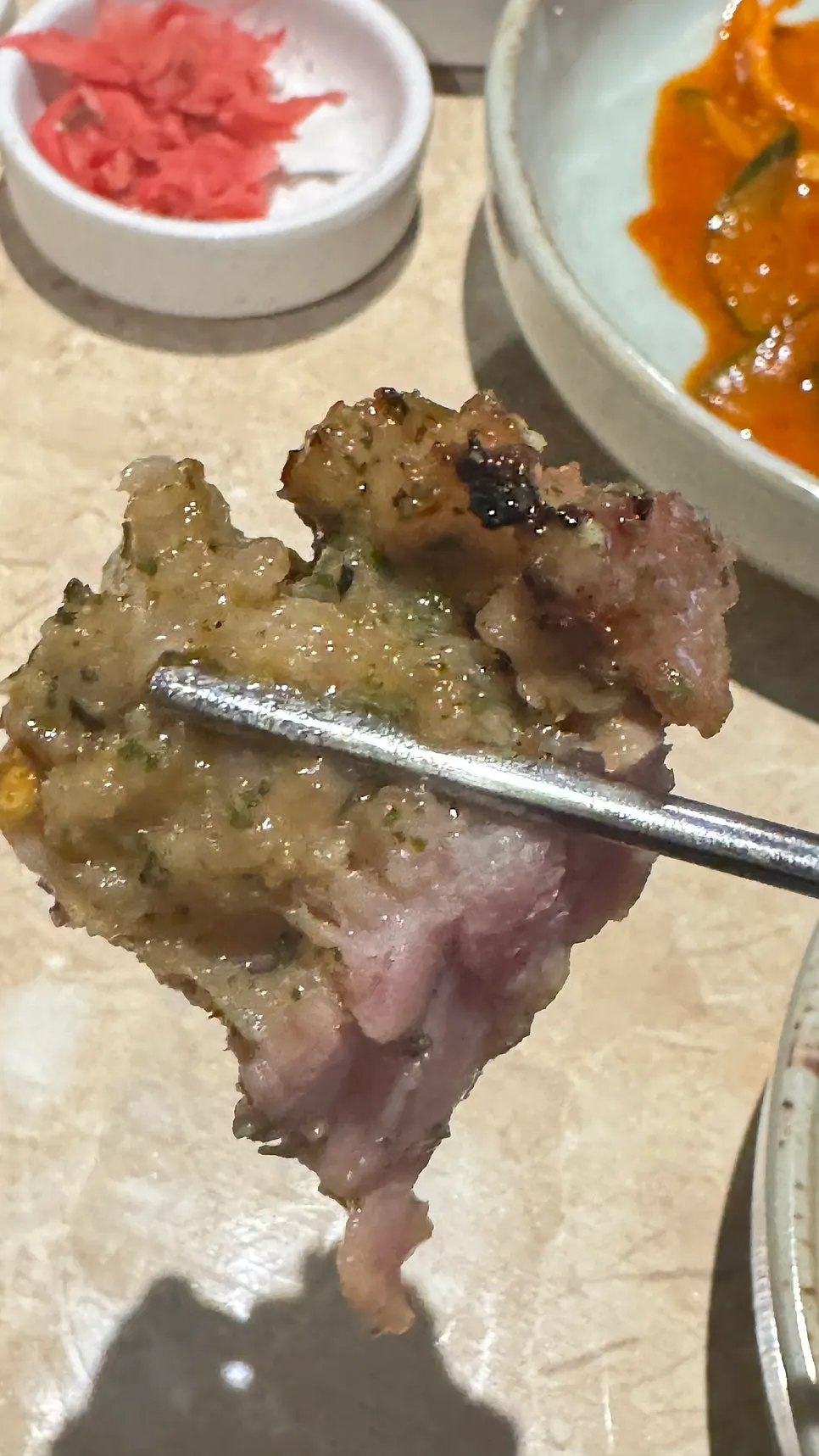 Shrek Galbi eaten with sauce