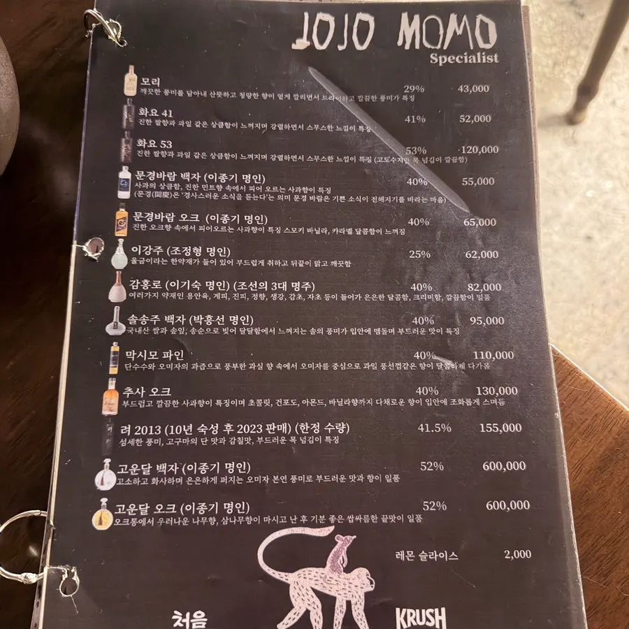 Traditional alcohol and drink menu
