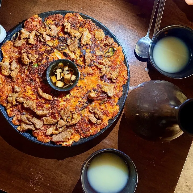 Bulgogi kimchi jeon with onion soy sauce