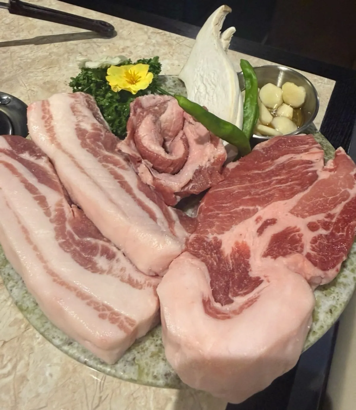 Korean pork assorted set with galbi samgyeop and mul naengmyeon