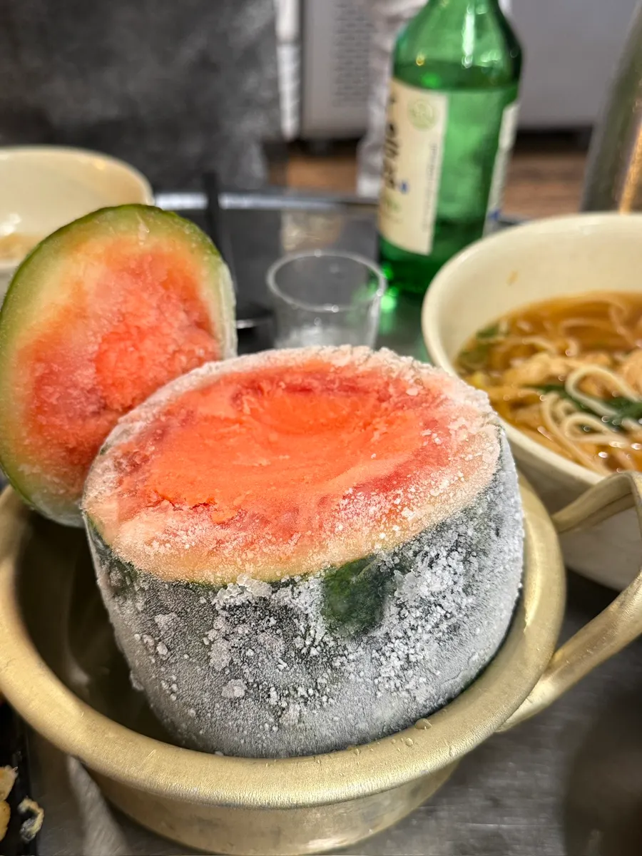 Watermelon sherbet ordered as a palate cleanser