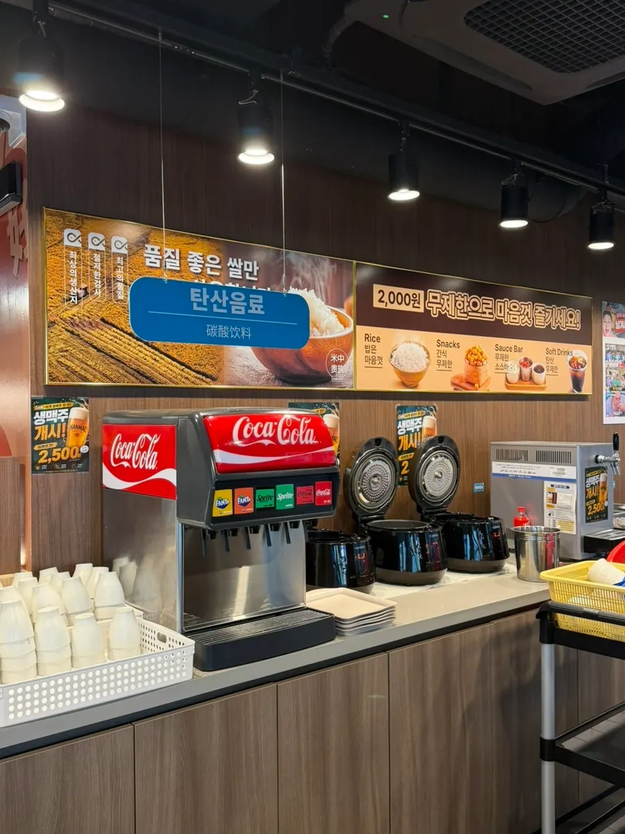 Self-bar with rice, snacks, and sauces