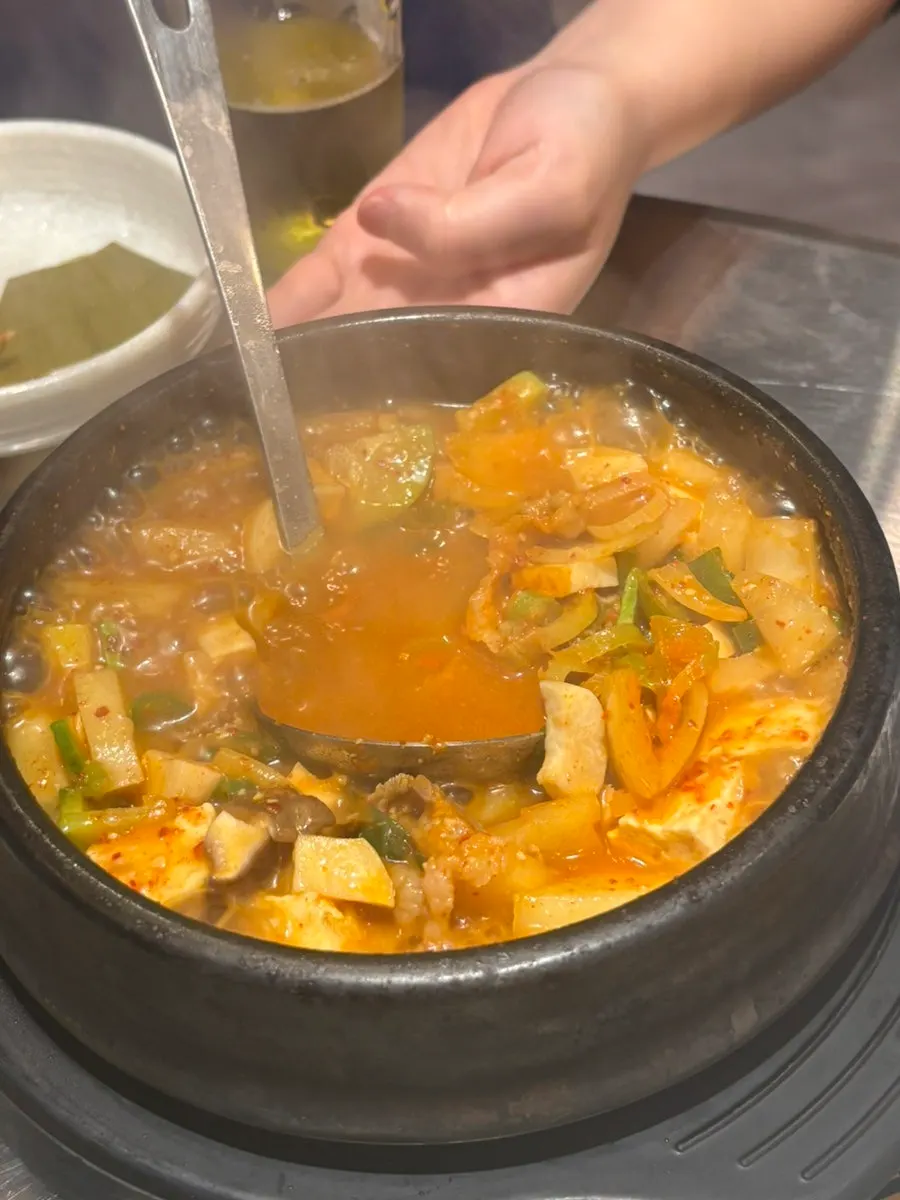 Chadolbaegi doenjang stew served with rice