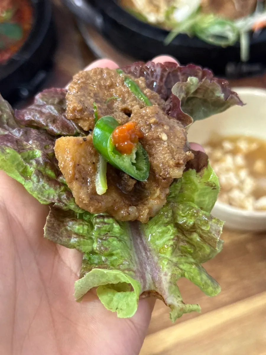 Short rib and scallion strips wrapped in ssam vegetables