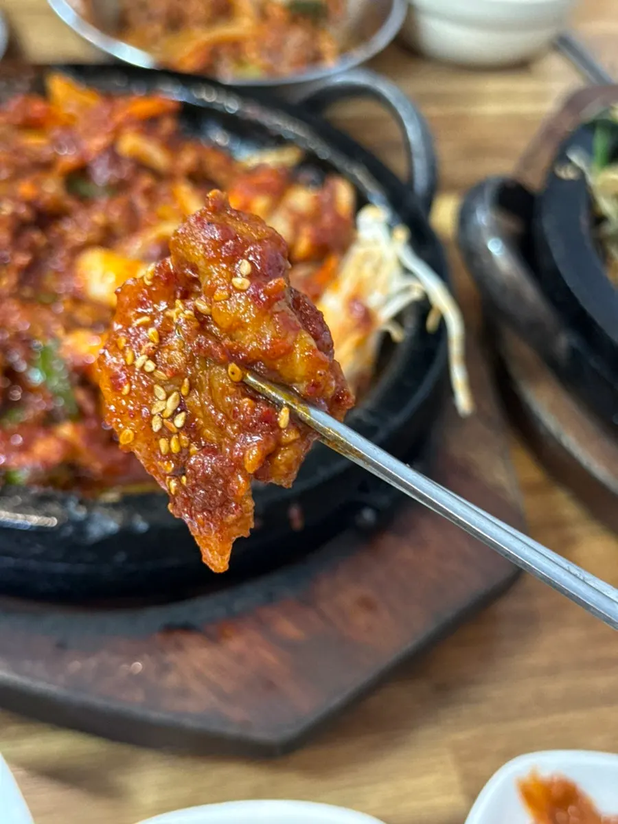 Close-up of the spicy seasoned fire-grilled squid-pork stir-fry