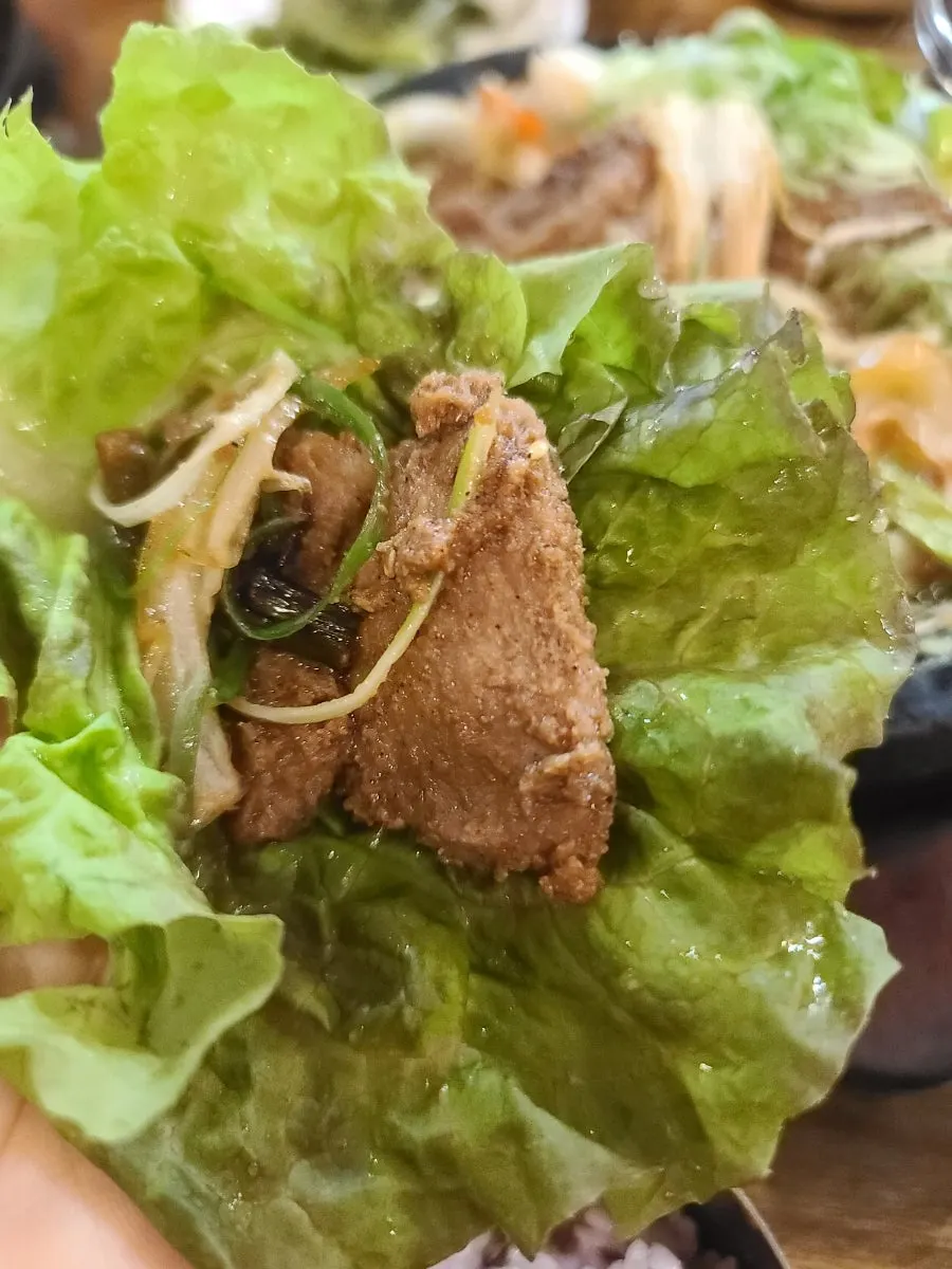 Close-up of soy-sauce-glazed short rib