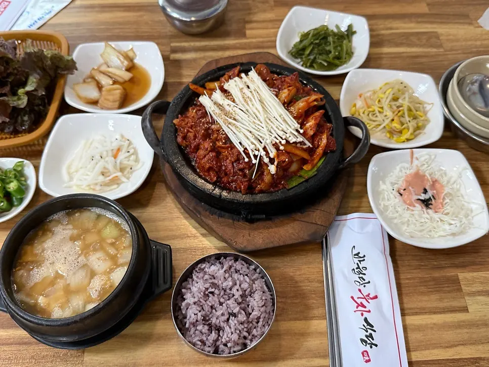 Full table spread of fire-grilled pork stir-fry for two