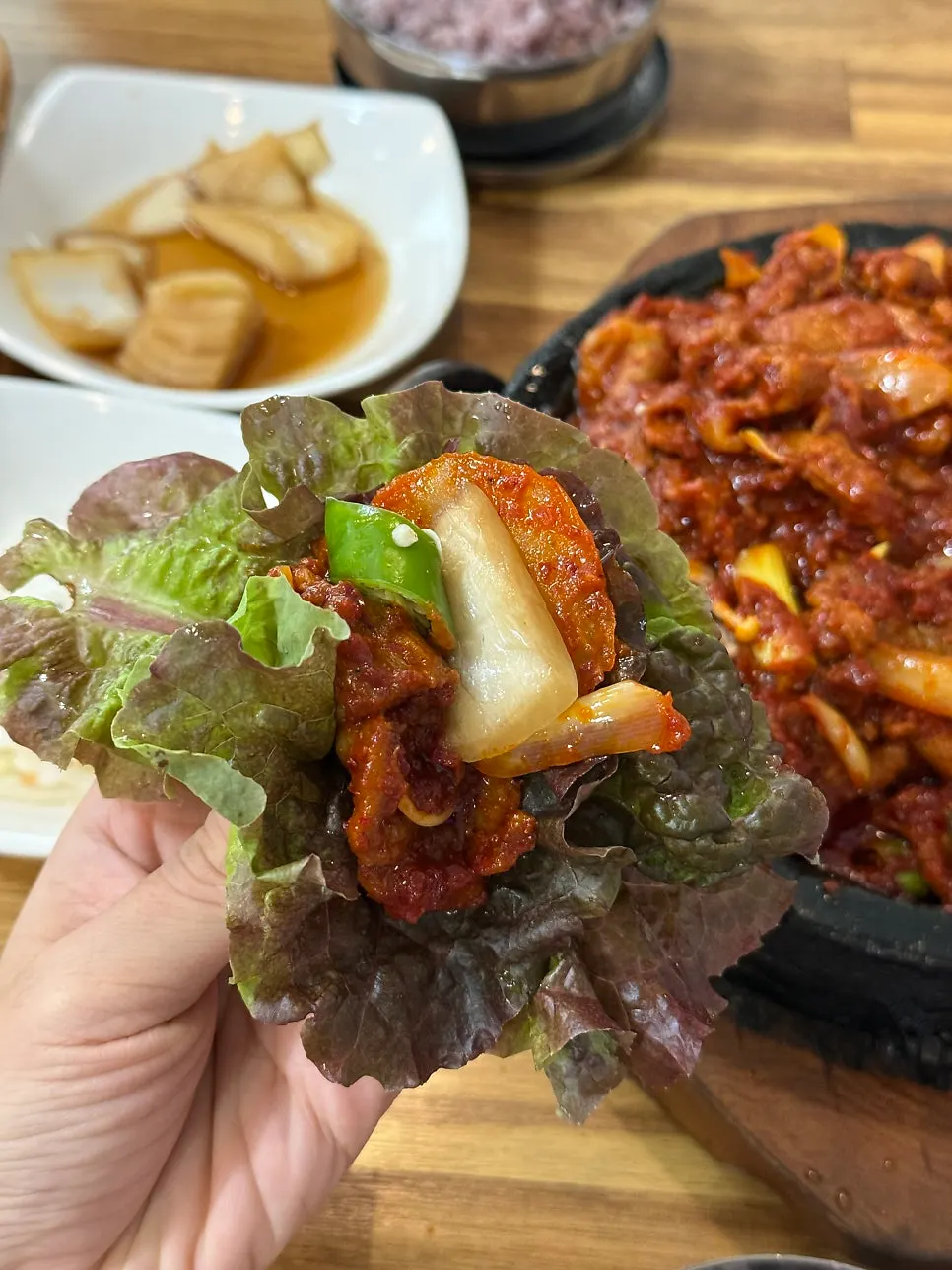 Pork stir-fry wrapped with chili and ssamjang