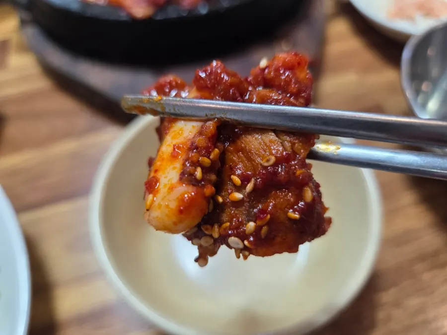 Close-up of pork and squid together in the ojebokkeum
