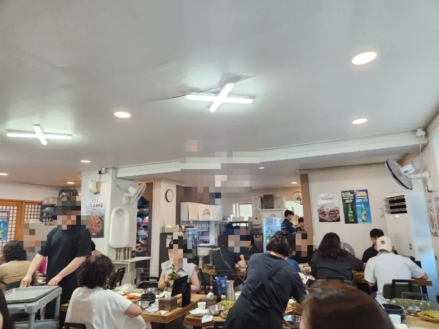 Restaurant interior packed with customers