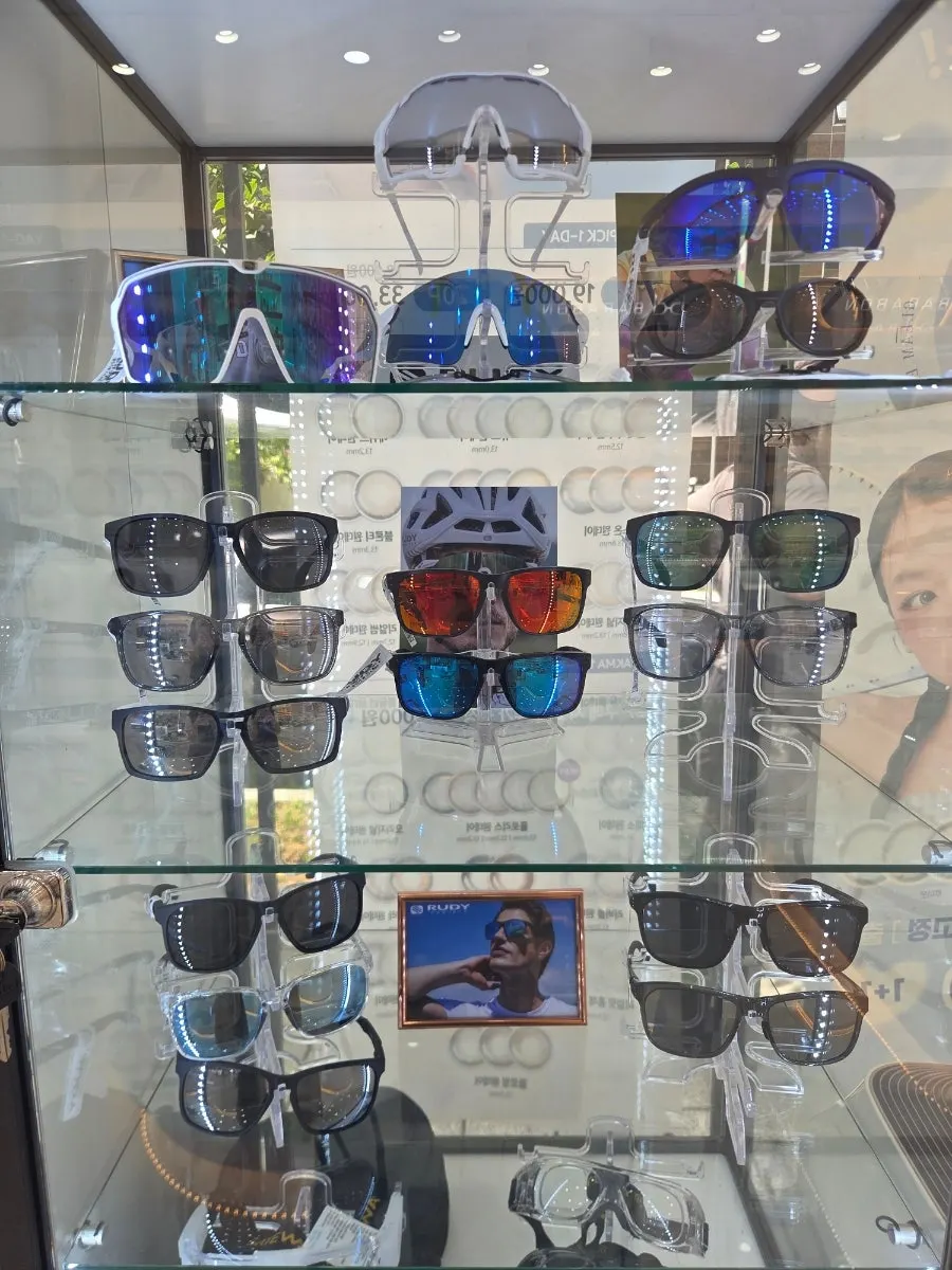 Display of functional ruby-tinted sunglasses