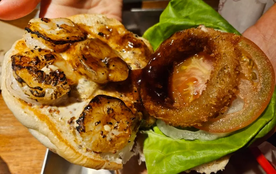 A single wasabi mayo shrimp burger