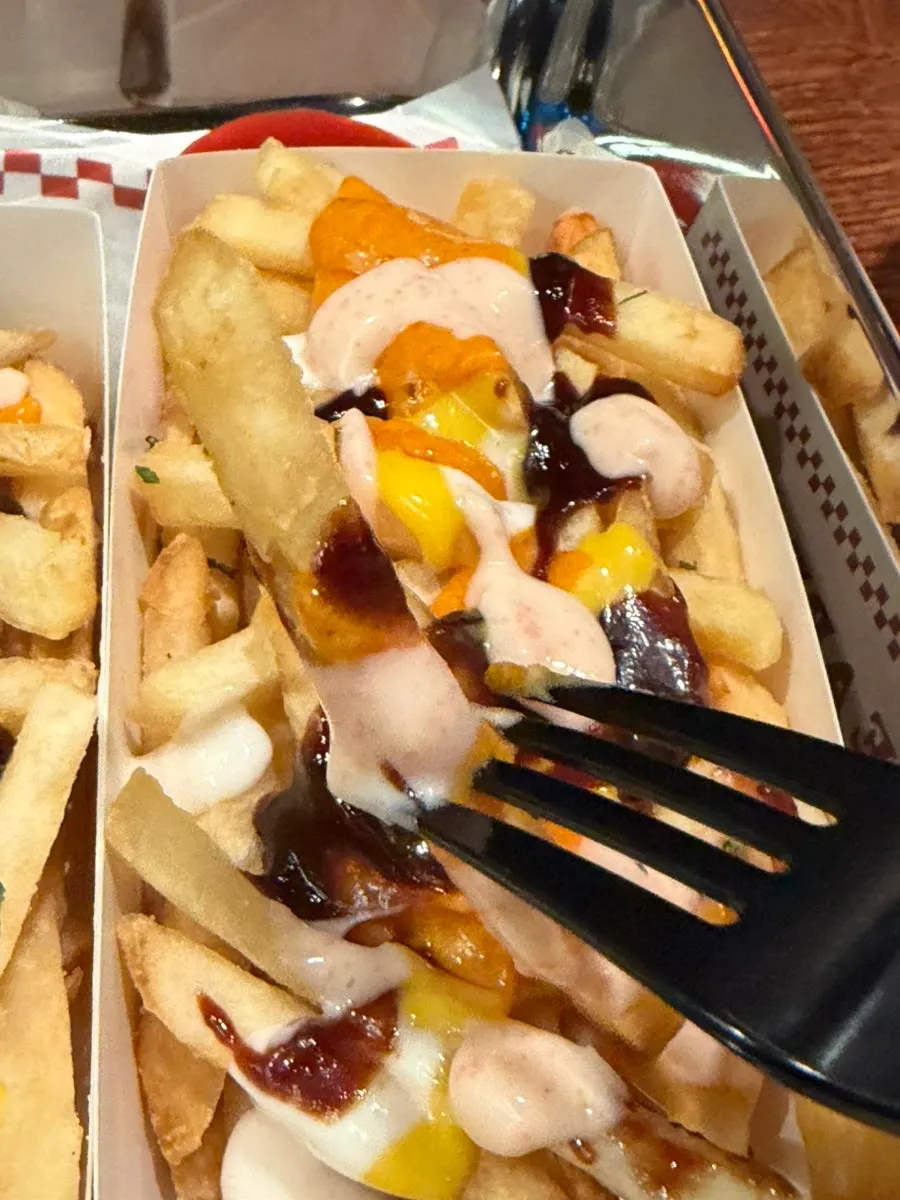 Base Burger fries with sauces on the side