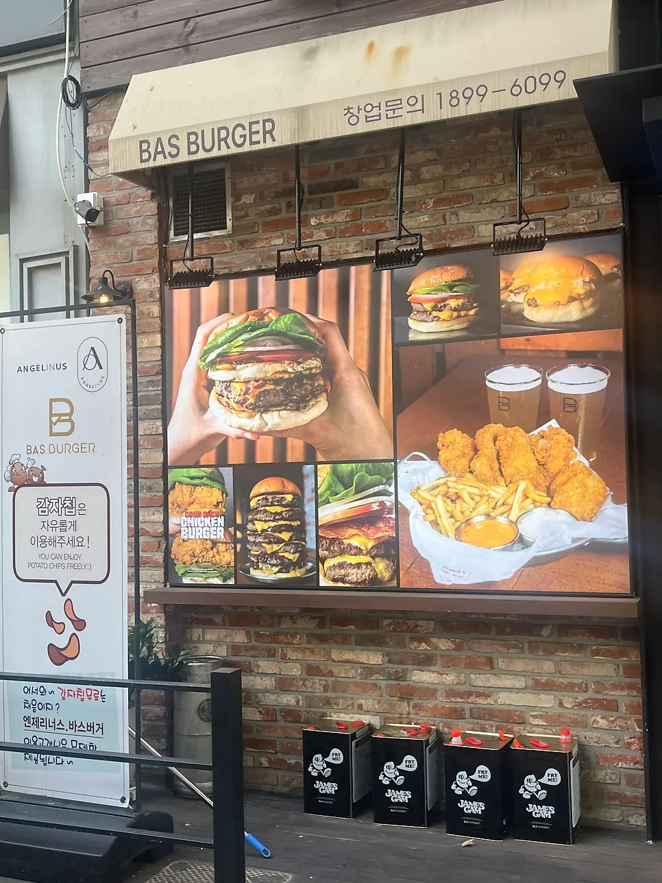 Interior of the burger restaurant with exposed brick decor