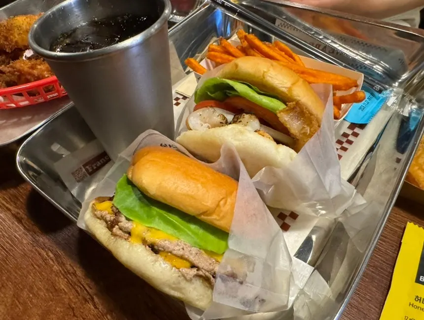 Close-up of the wasabi mayo shrimp burger