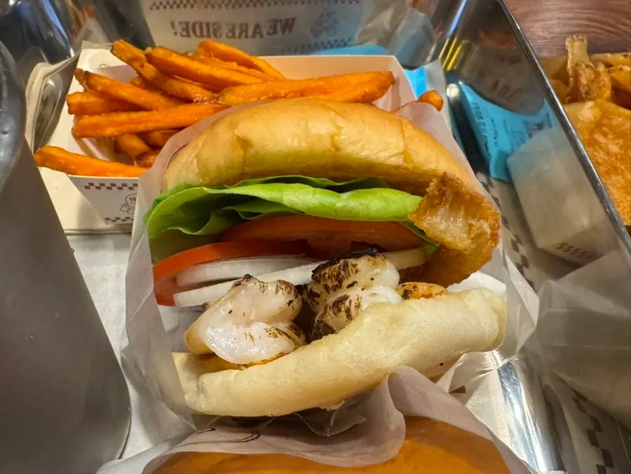 Cross-section of the shrimp burger showing plump shrimp