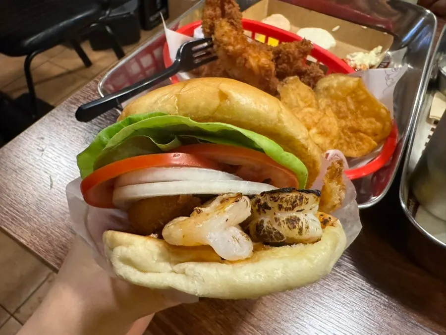Close-up of the handmade burger patty and fillings