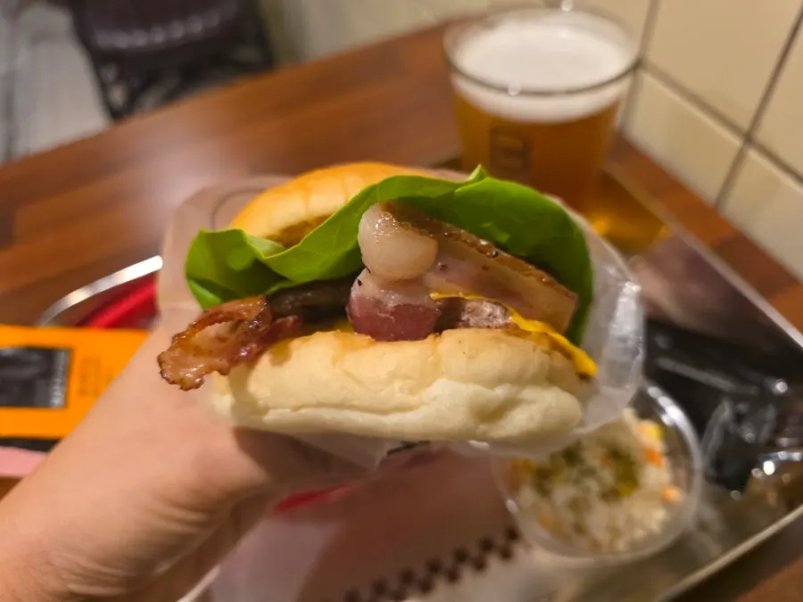 Close-up of the thick Hawaiian burger