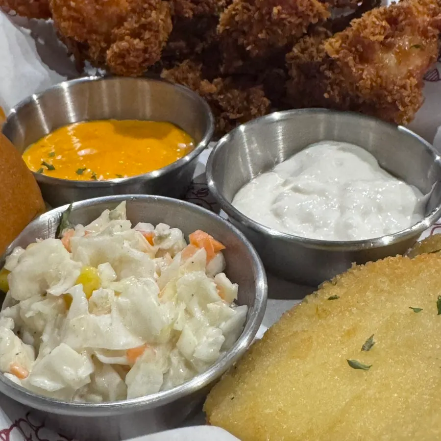 Double Crunch served with coleslaw and two sauces
