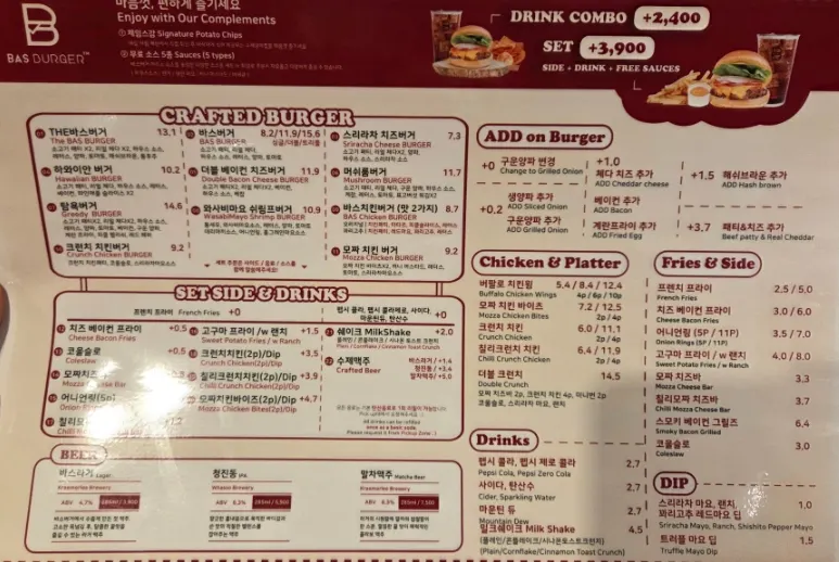 Carta de hamburguesas de Bas Burger Seongsu