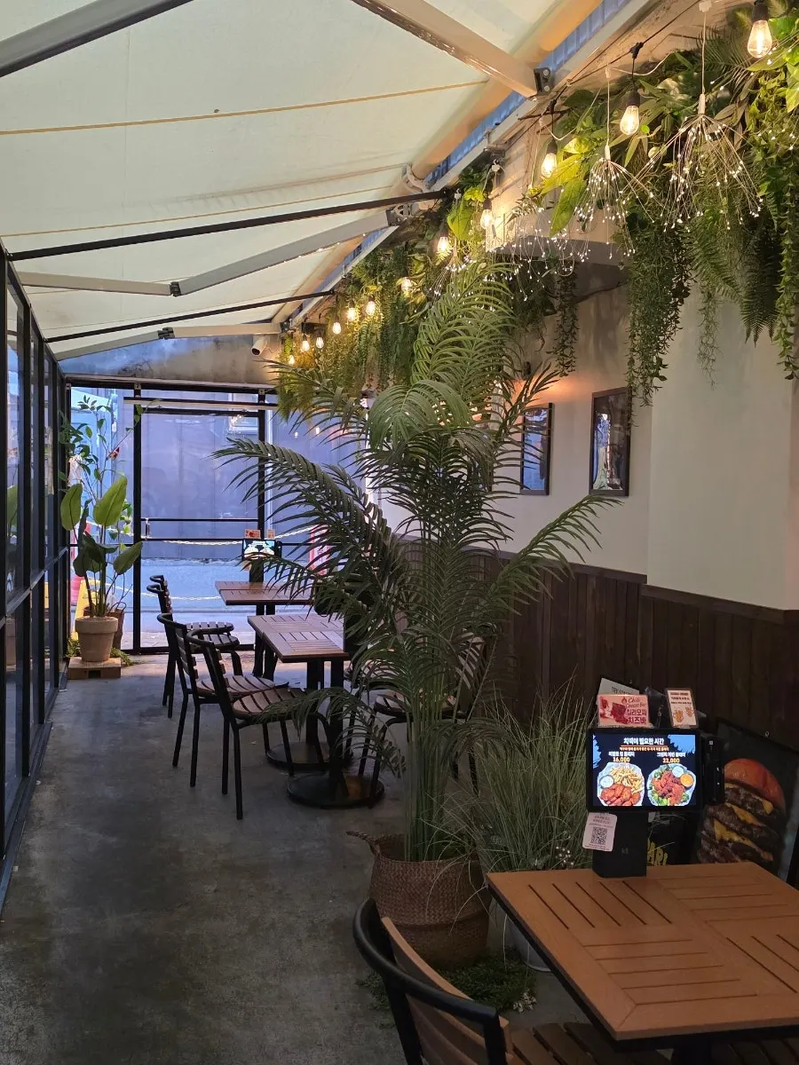 Terrace seating with plants and string lights