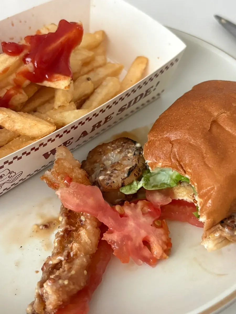 Cross-section of the thick wasabi mayo shrimp burger