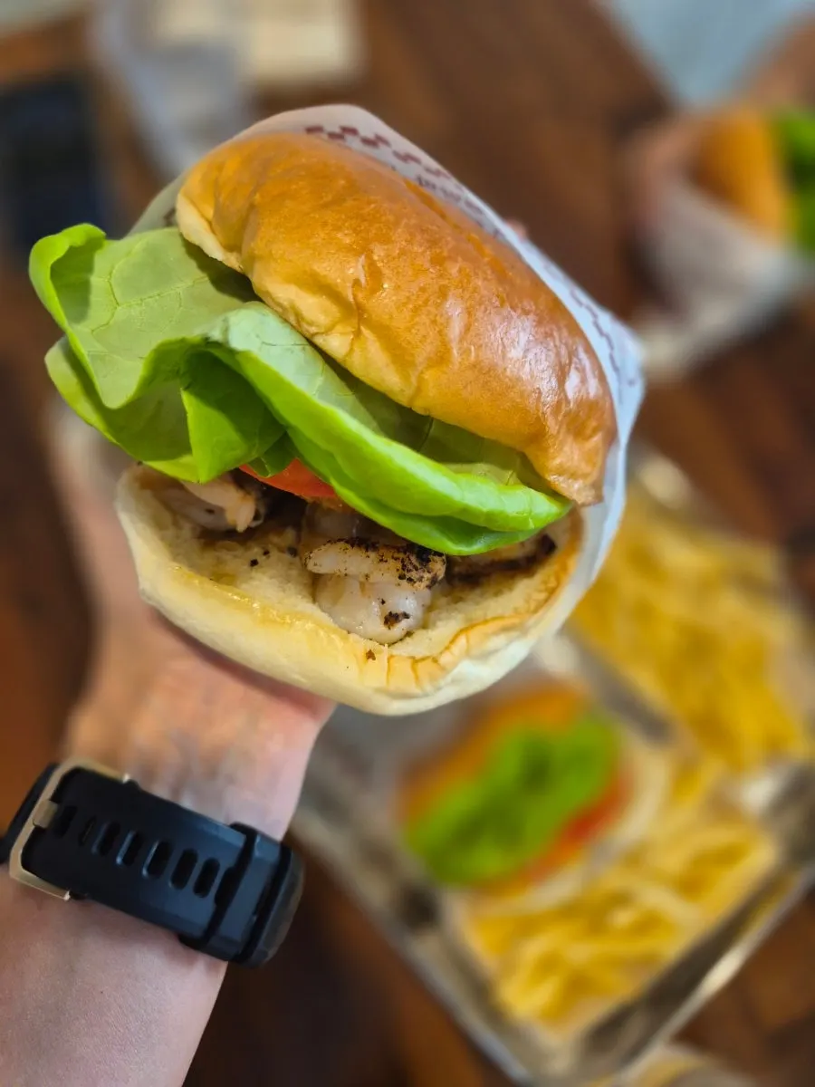 Shrimp patty visible in the shrimp burger