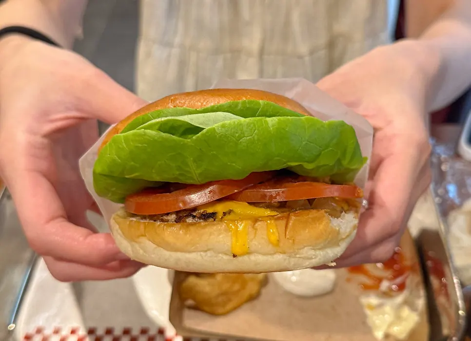 Single Bas Burger with cheese, tomato, and vegetables
