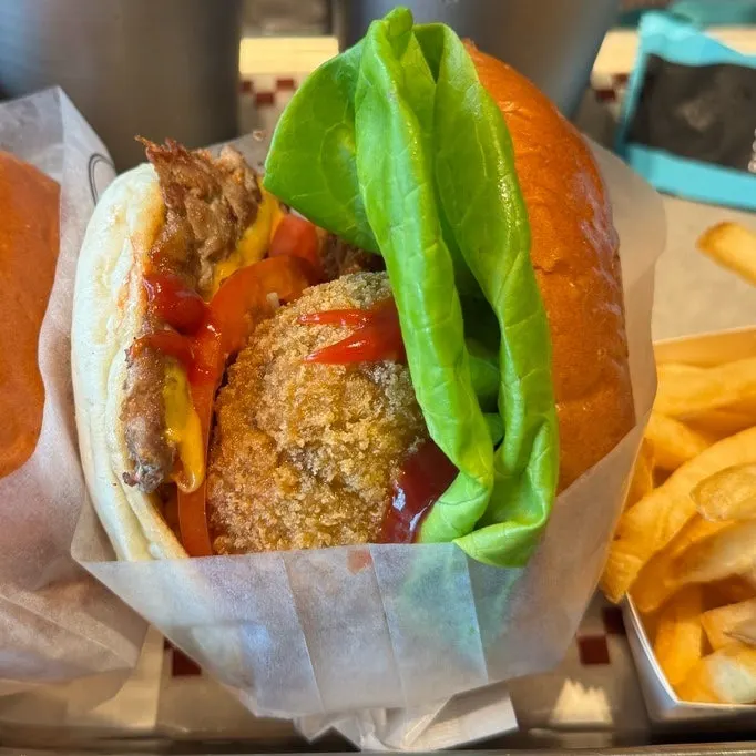 Mushroom burger with a whole shiitake mushroom