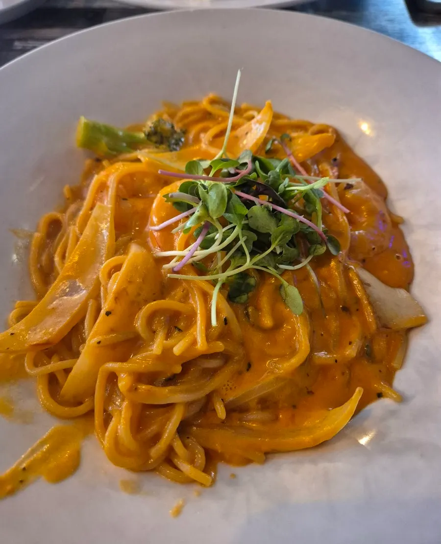 Primer plano de la salsa rosé espesa y la pasta