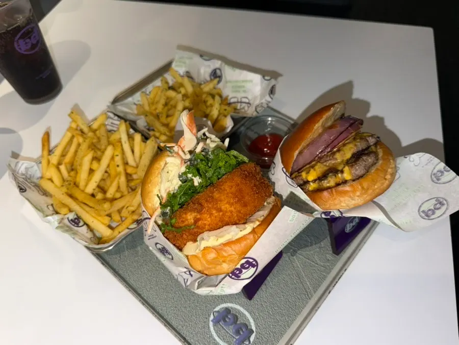 Big-size Wasabi Shrimp set and Double Cheese Burger set laid out together