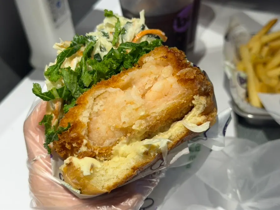 Cross-section of the shrimp patty packed with whole shrimp