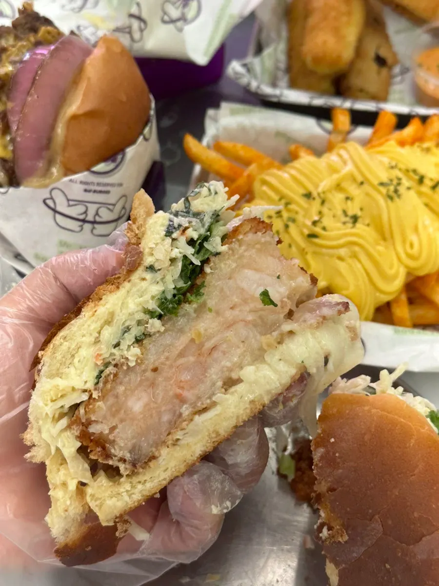 Cross-section of the big burger showing the shrimp patty