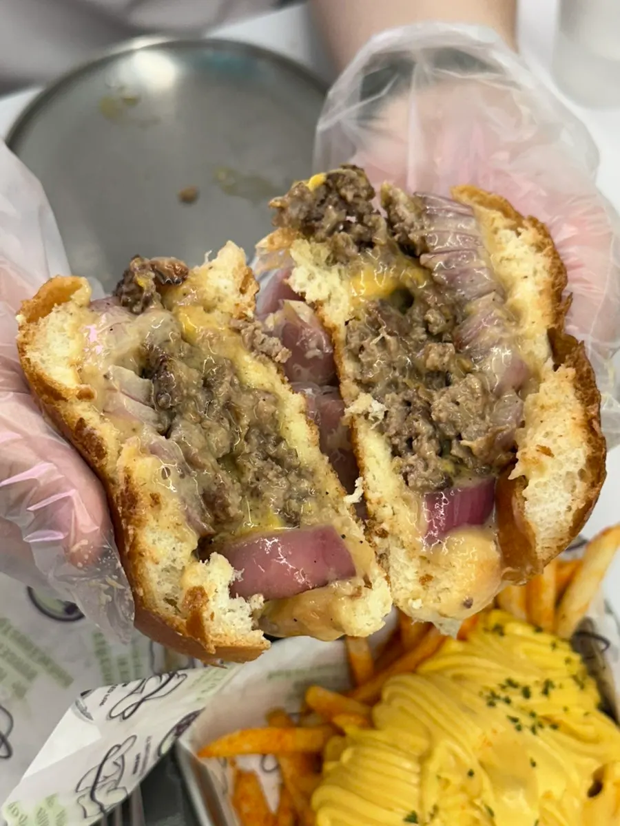 Full view of bd Burger's Double Cheese Burger