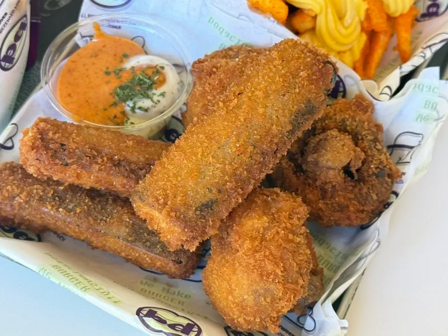 Plate of eggplant & mushroom fritter sides