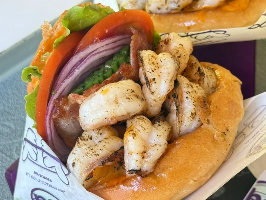 Cross-section of the burger with extra shrimp added