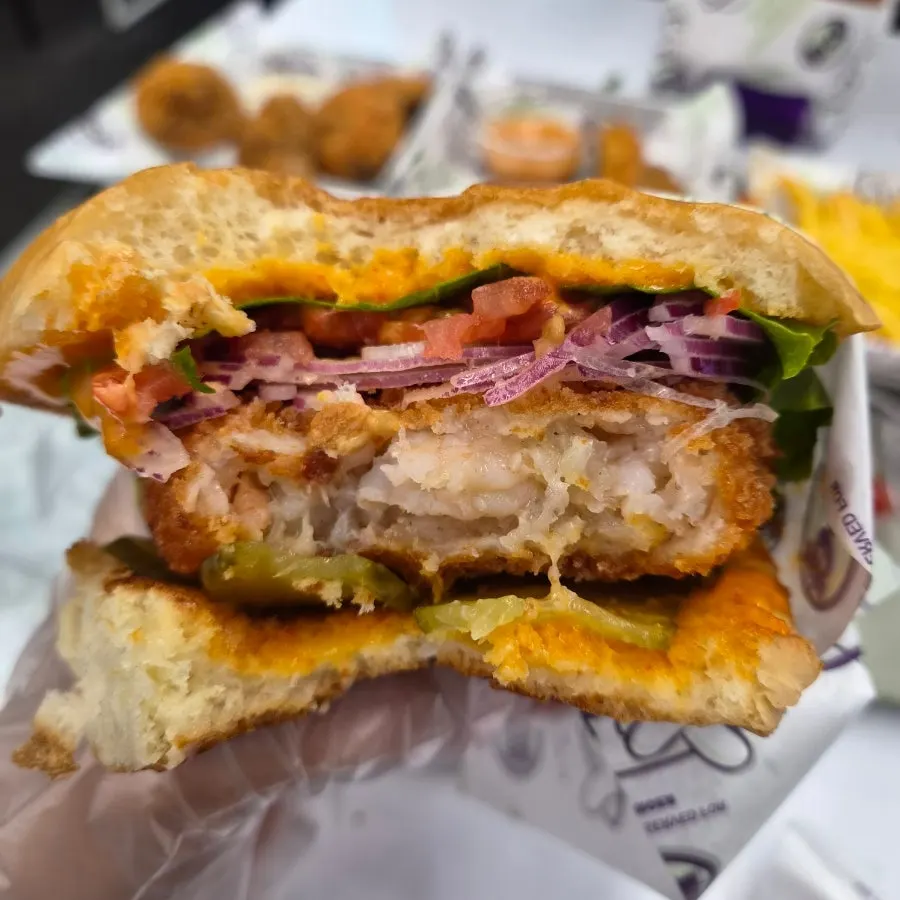 Cross-section of bd Burger Seongsu's sriracha shrimp burger