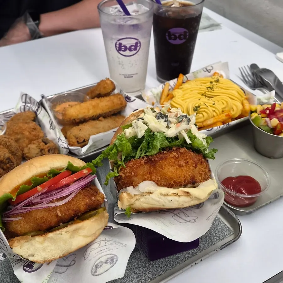 Full spread of bd Burger Seongsu's shrimp burger sets