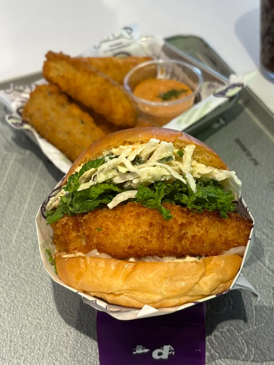 Wasabi shrimp burger set served with eggplant fritters