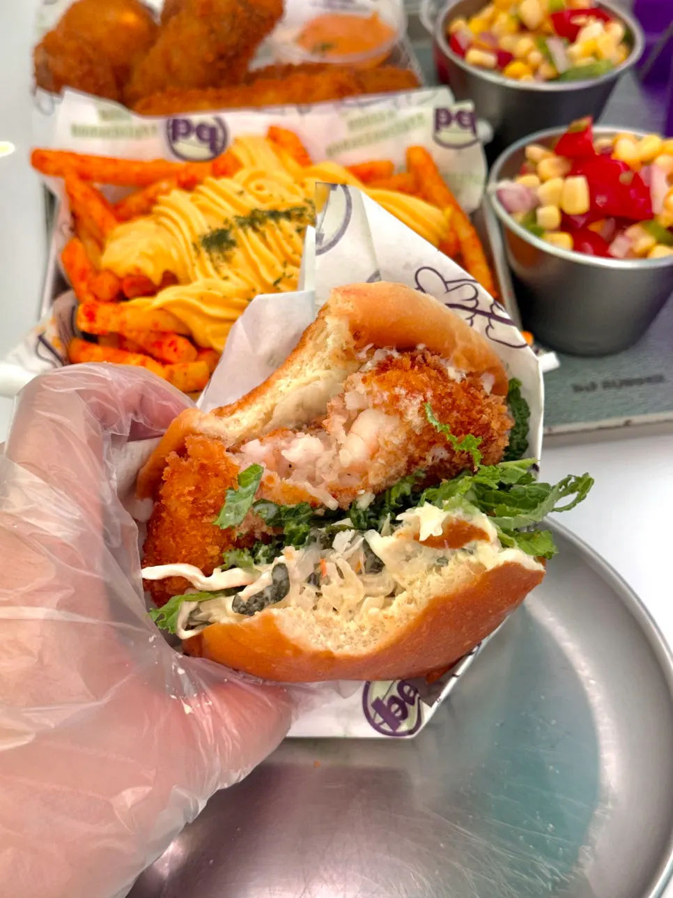 Cross-section of the Wasabi Shrimp Burger's whole-shrimp patty