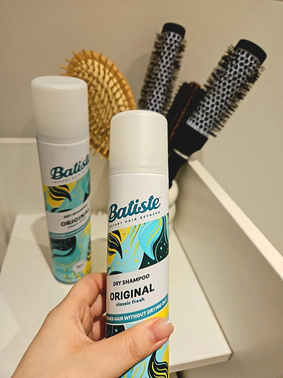 Changing room stocked with dry shampoo
