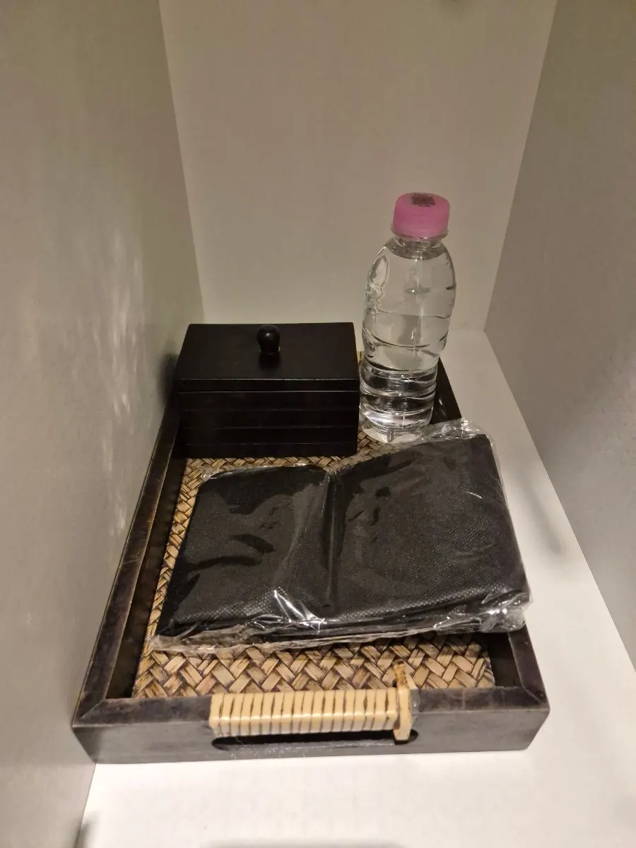 Disposable change of clothes prepared in the powder room