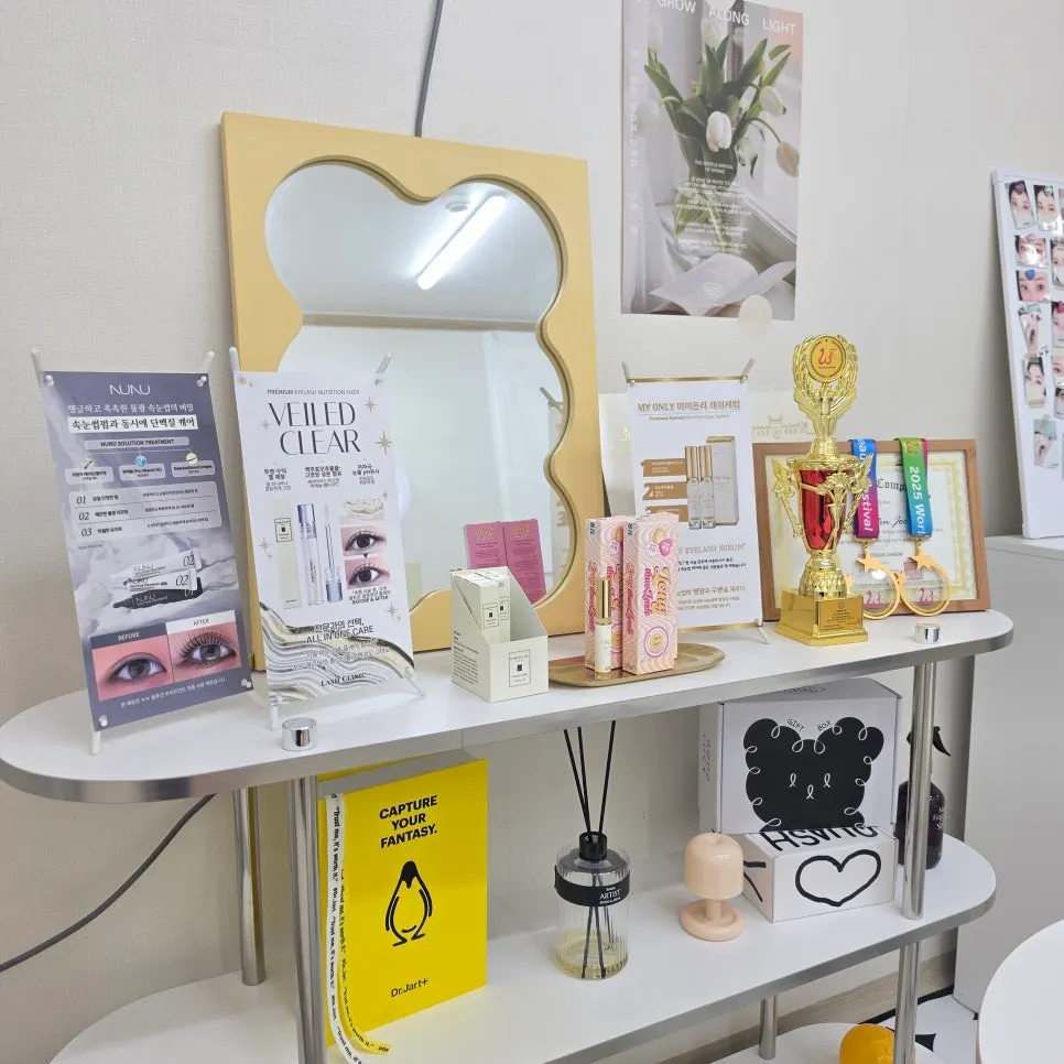 Lash competition trophies and certificates displayed on a shelf