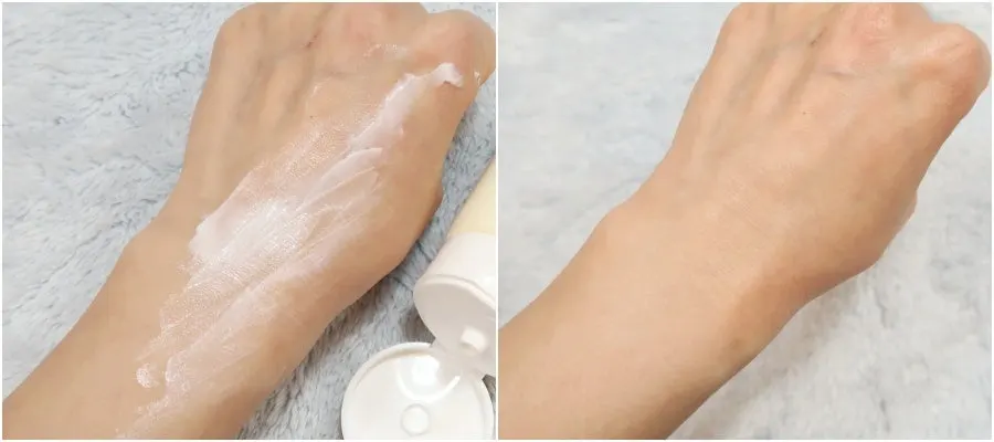 Cream test squeezed onto the back of a hand and forearm